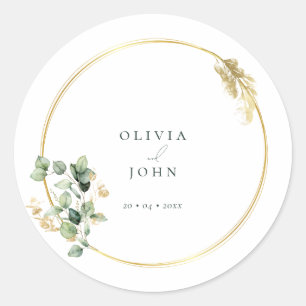 Elegant Gold Green Eucaliptus Wedding Classic Round Sticker