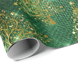 Elegant Gold Green Glitter Christmas Tree Pattern Wrapping Paper