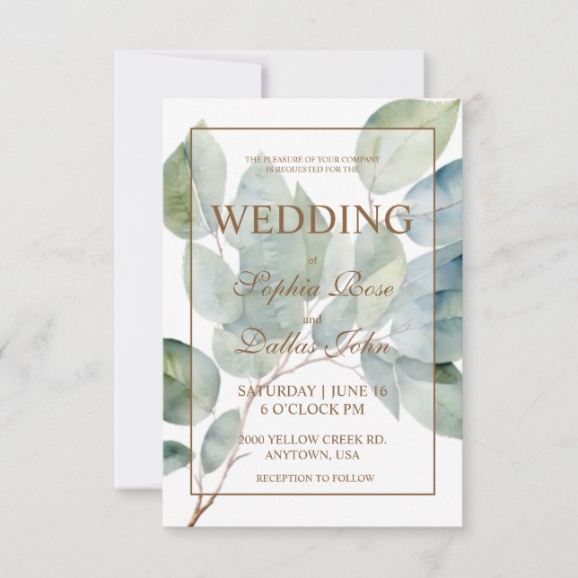 Elegant gold green greenery calligraphy Wedding Invitation (Front)