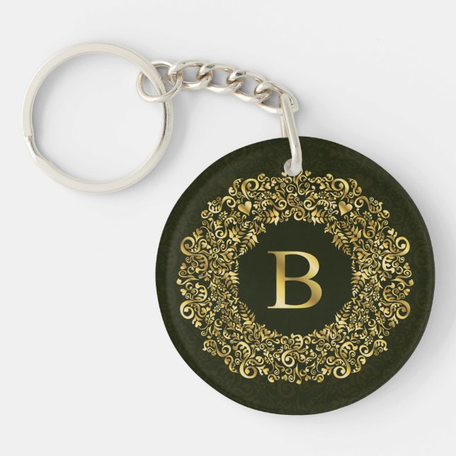 Elegant gold Green Initial B Damask Monogram  Key Ring (Front)