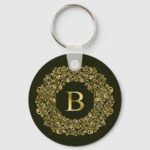 Elegant gold Green Initial B Damask Monogram Key Ring