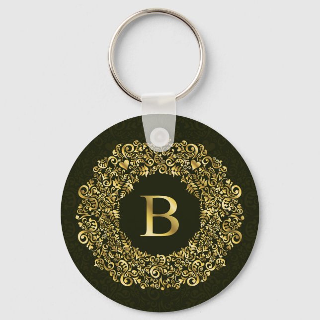 Elegant gold Green Initial B Damask Monogram  Key Ring (Front)