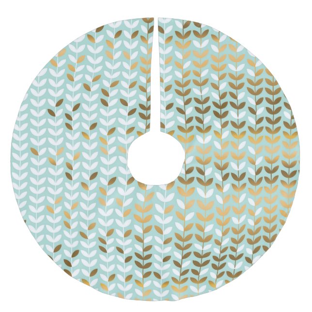 Elegant Gold Green Leaf Pattern Brushed Polyester Tree Skirt (Front)