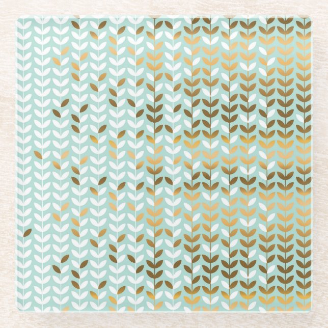 Elegant Gold Green Leaf Pattern Glass Coaster (Front)