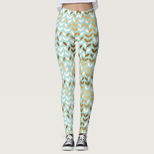 Elegant Gold Green Leaf Pattern Leggings (Front)