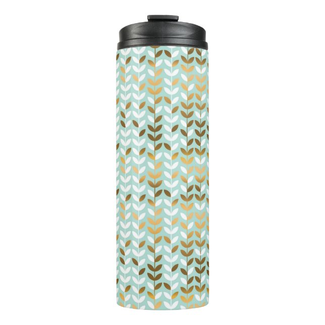 Elegant Gold Green Leaf Pattern Thermal Tumbler (Front)
