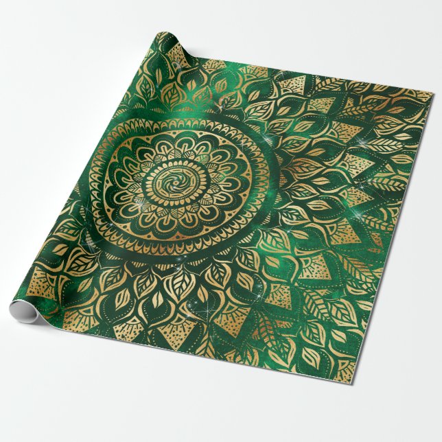Elegant Gold Green Mandala Floral Wrapping Paper (Unrolled)