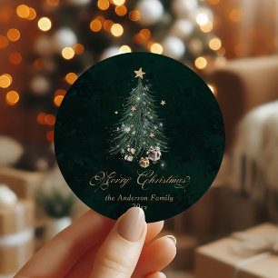 Elegant Gold Green Merry Christmas Classic Round Sticker