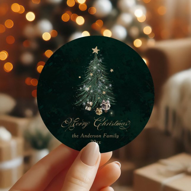 Elegant Gold Green Merry Christmas  Classic Round Sticker (Creator Uploaded)