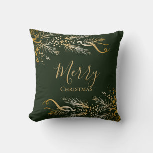 Elegant Gold Green Personalised Merry Christmas Cushion