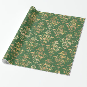 Elegant gold green royal damask floral pattern wrapping paper