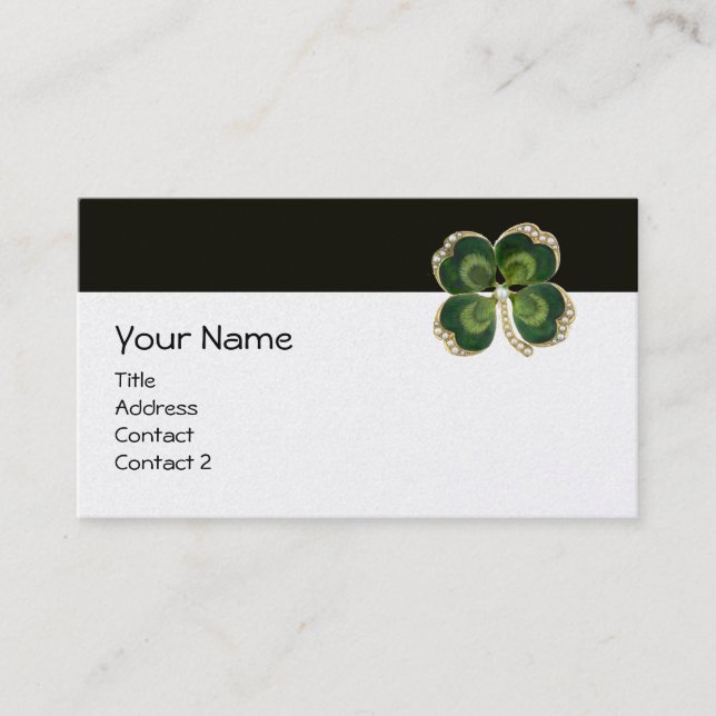 ELEGANT GOLD GREEN SHAMROCK JEWEL WITH PEARLS BUSINESS CARD (Front)