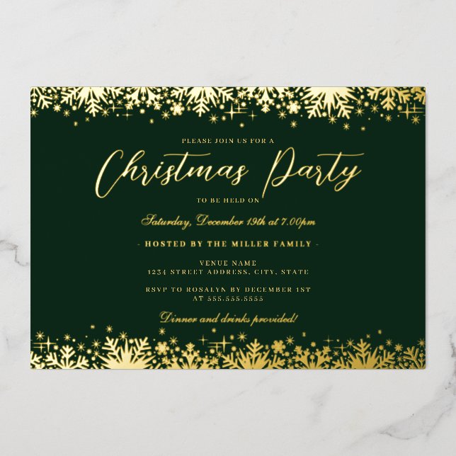 Elegant Gold Green Snowflake Christmas Party (Front)