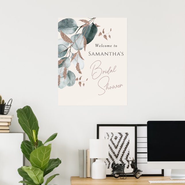 Elegant Gold Green Sparkling Leaves Bridal Shower  Poster (Home Office)