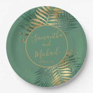 Elegant Gold Green Tropical Plants Leaves Wedding Paper Plate