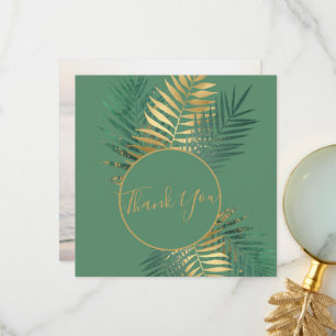 Elegant Gold & Green Tropical Plants Wedding Photo Thank You Card