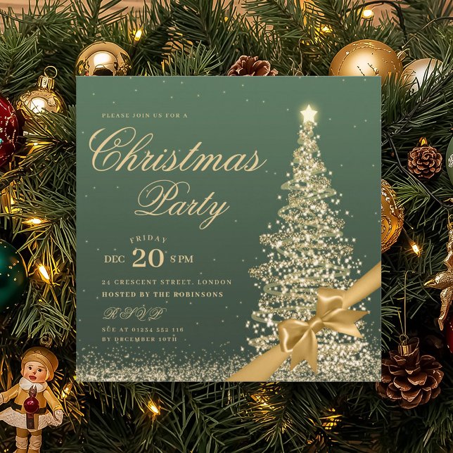 Elegant Gold Green Winter Christmas Tree Bow  Invitation (Elegant Gold Green Winter Christmas Tree Bow Invitation)