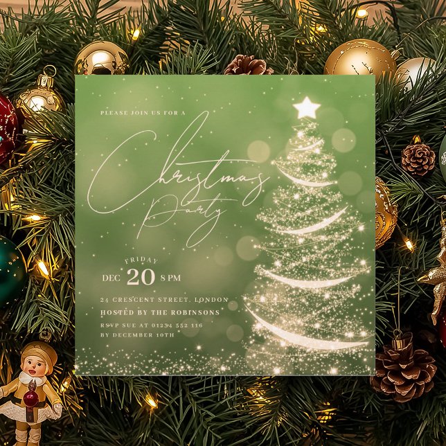 ELEGANT Gold Green Winter Christmas Tree Party  Invitation (ELEGANT Gold Green Winter Christmas Tree Party Invitation)