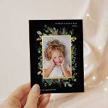 Elegant Gold Greenery | Black with Photo Foil Holiday Postcard<br><div class="desc">These beautiful holiday photo postcards say "Season's Greetings" in modern text and feature your favourite personal photo. Elegant, modern watercolor greenery with leaves, red berries, and a gold foil centre frame decorate a dark, black background. There is a room for a short personal message on the back as well as...</div>