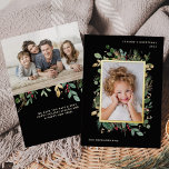 Elegant Gold Greenery | Black with Two Photos<br><div class="desc">These beautiful holiday photo cards say "Season's Greetings" in modern text and feature two of your favourite personal photos. Elegant,  modern watercolor greenery with leaves,  red berries,  and a gold foil centre frame decorate a dark,  black background. There is a room for a short personal message on the back.</div>