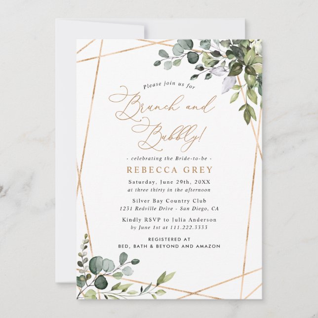 Elegant Gold Greenery Bridal Brunch & Bubbly Invitation (Front)
