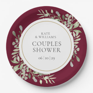 Elegant Gold Greenery Burgundy Couples Shower Paper Plate