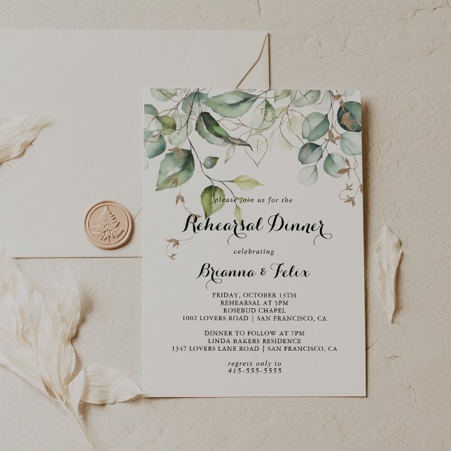Elegant Gold Greenery Calligraphy Rehearsal Dinner Invitation (Creator Uploaded)