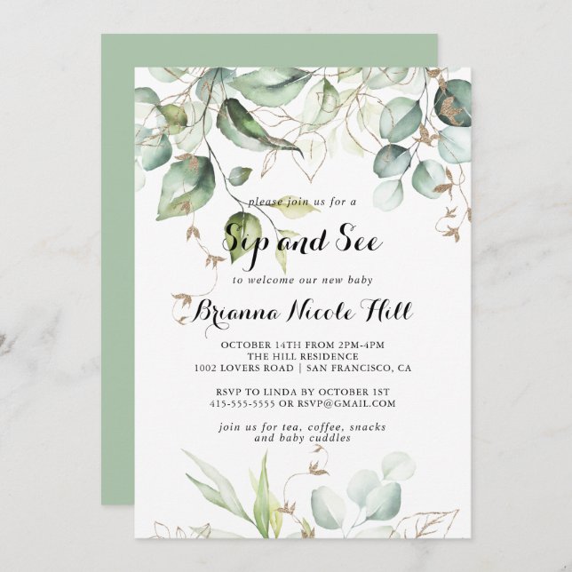 Elegant Gold Greenery Calligraphy Sip and See Invitation (Front/Back)