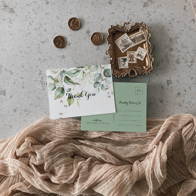 Elegant Gold Greenery Calligraphy Thank You Postcard (Creator Uploaded)