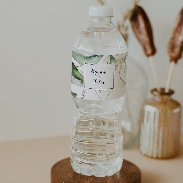 Elegant Gold Greenery Calligraphy Wedding Water Bottle Label (Creator Uploaded)