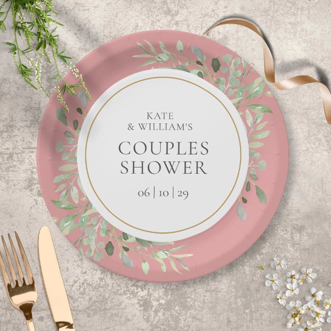 Elegant Gold Greenery Dusty Rose Couples Shower Paper Plate (Creator Uploaded)