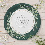 Elegant Gold Greenery Emerald Green Couples Shower Paper Plate<br><div class="desc">Featuring delicate watercolor greenery leaves on an emerald green background,  this chic botanical couples shower paper plate can be personalised with your special event details. Designed by Thisisnotme©</div>