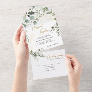 Elegant Gold Greenery Eucalyptus Monogram Wedding All In One Invitation