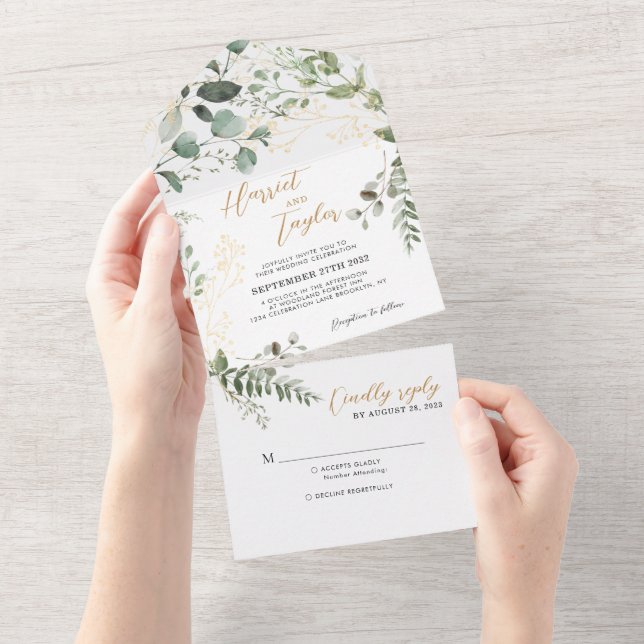 Elegant Gold Greenery Eucalyptus Monogram Wedding All In One Invitation (Tearaway)