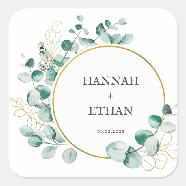 Elegant Gold Greenery Eucalyptus Personalised  Square Sticker (Front)