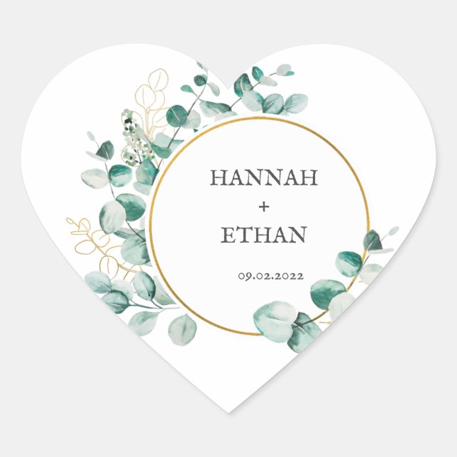 Elegant Gold Greenery Eucalyptus Personalized   Heart Sticker (Front)