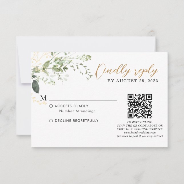 Elegant Gold Greenery Eucalyptus QR Code Wedding  RSVP Card (Front)
