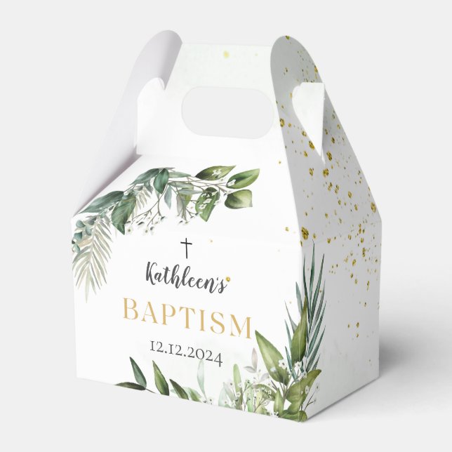 Elegant Gold Greenery Floral Foliage Baptism Favour Box (Front Side)