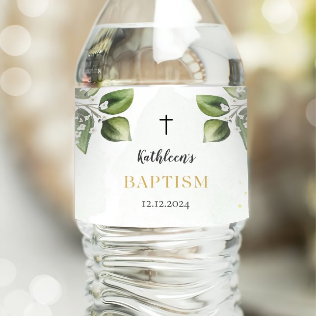 Elegant Gold Greenery Floral Foliage Baptism Water Bottle Label (Creator Uploaded)