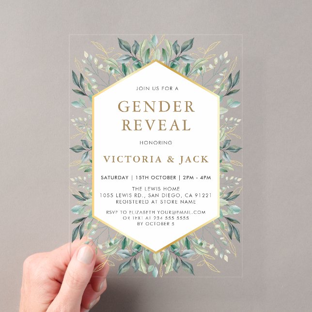 Elegant Gold Greenery Frame Gender Reveal Acrylic Invitations (Insitu (Handheld))