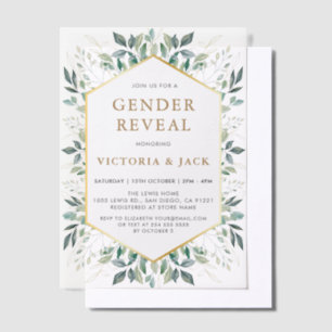 Elegant Gold Greenery Frame Gender Reveal Vellum Invitations