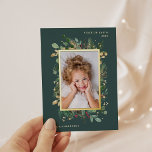 Elegant Gold Greenery | Green with Photo Foil Holiday Postcard<br><div class="desc">These beautiful holiday photo postcards say "Peace on Earth" in modern text and feature your favourite personal photo. Elegant, modern watercolor greenery with leaves, red berries, and a gold foil centre frame decorate a dark, green background. There is a room for a short personal message on the back as well...</div>