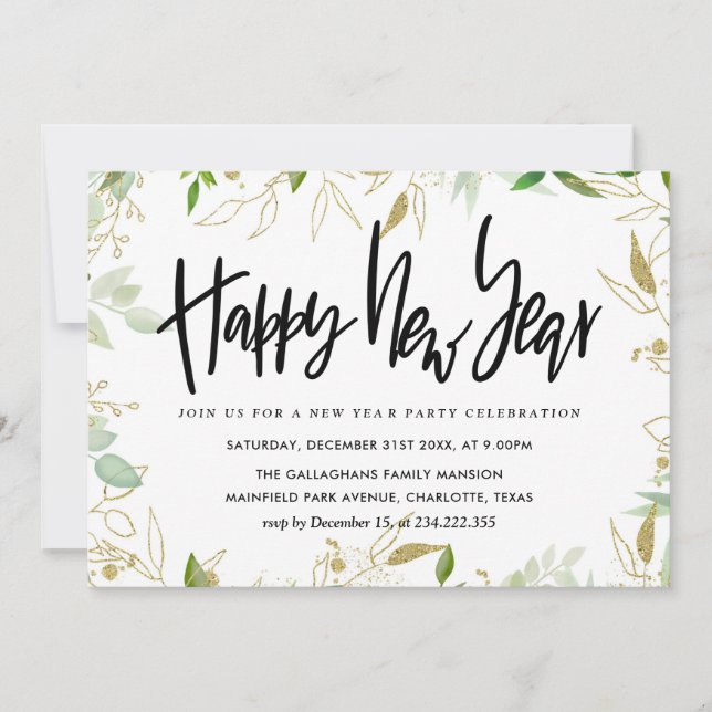 Elegant Gold Greenery Happy New Year Script Invitation (Front)