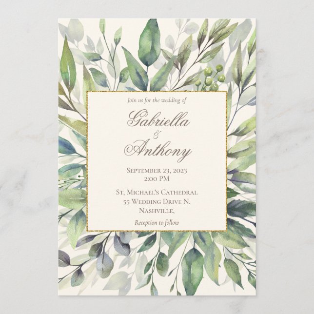 Elegant Gold Greenery Leaves Watercolor Wedding Invitation (Front)