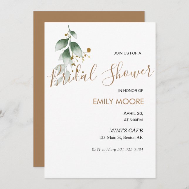 Elegant gold greenery modern bridal invitation (Front/Back)