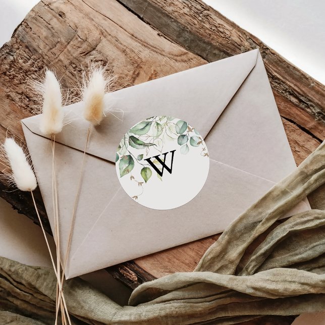 Elegant Gold Greenery Monogram Wedding Envelope Classic Round Sticker (Creator Uploaded)