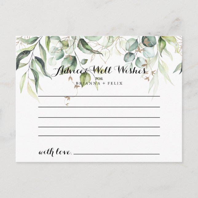 Elegant Gold Greenery Wedding Advice Card (Front)