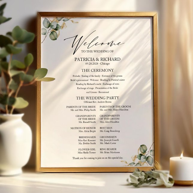 Elegant Gold Greenery Wedding Program Sign (Creator Uploaded)