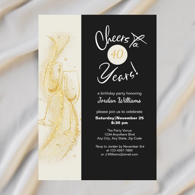 Elegant Gold Grey Cheers to 40 Years Birthday Invitation (Creator Uploaded)