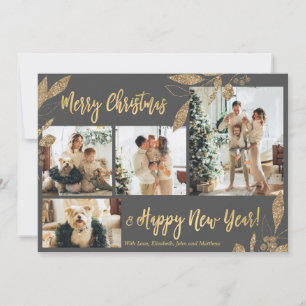 Elegant Gold Grey Leaves 4 Photos Christmas Card